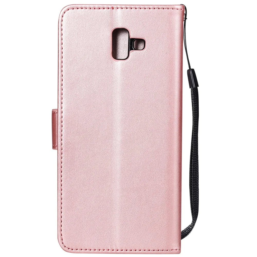 Imprint Flower and Cat Wallet Stand Leather Phone Cover for Samsung Galaxy J6 Plus - Rose Gold - 2