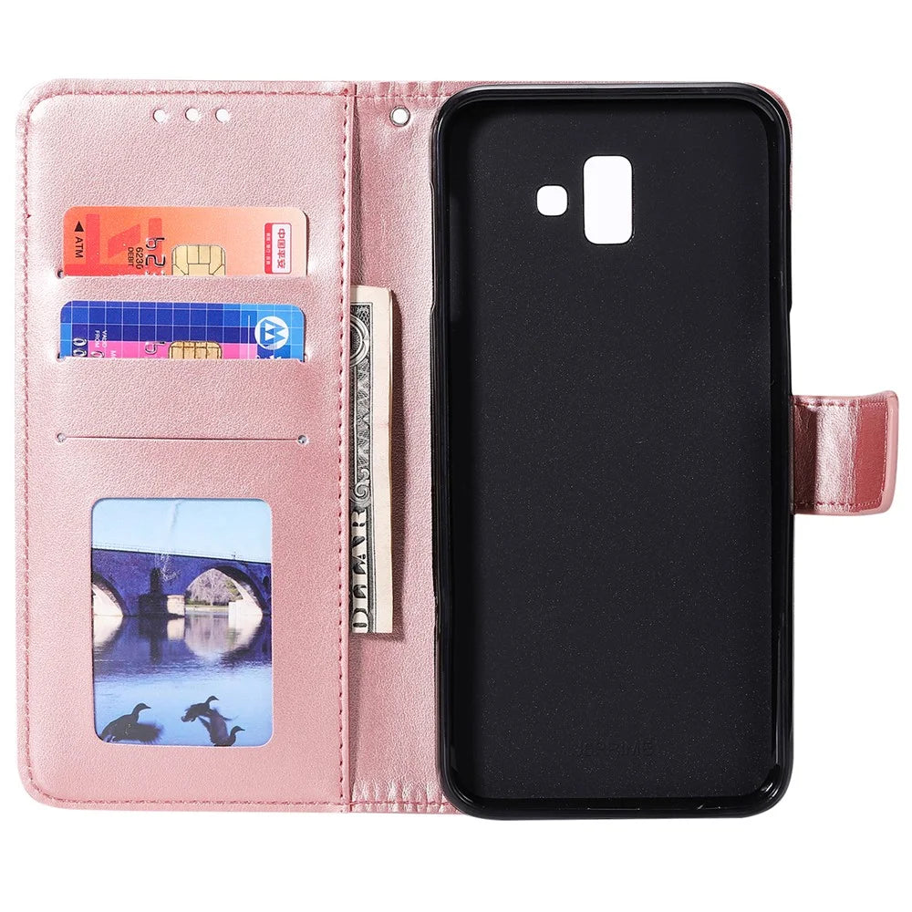 Imprint Flower and Cat Wallet Stand Leather Phone Cover for Samsung Galaxy J6 Plus - Rose Gold - 3