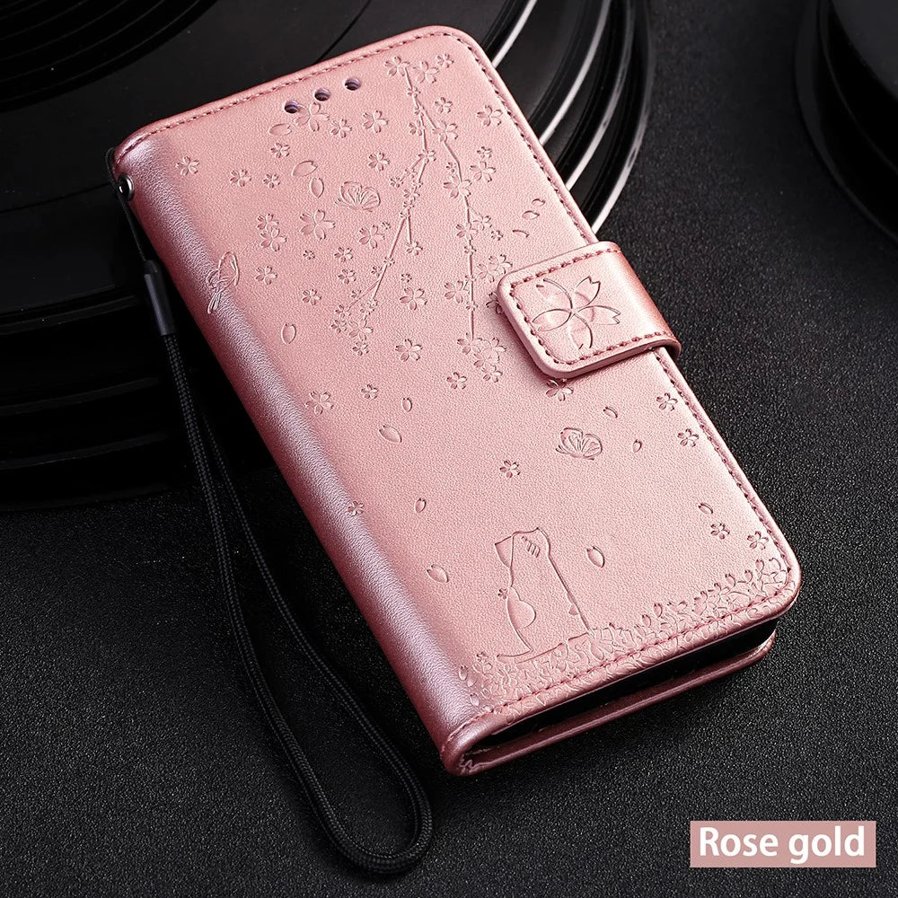 Imprint Flower and Cat Wallet Stand Leather Phone Cover for Samsung Galaxy J6 Plus - Rose Gold - 6