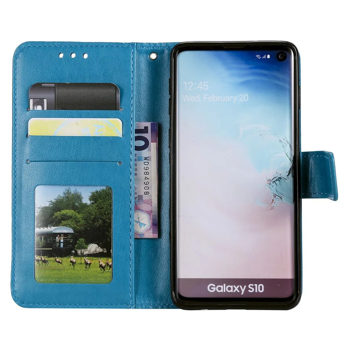 Imprint Sakura Cat Leather Wallet Stand Case for Samsung Galaxy S10 - Blue - 2
