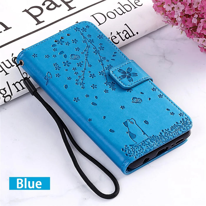 Imprint Sakura Cat Leather Wallet Stand Case for Samsung Galaxy S10 - Blue - 7