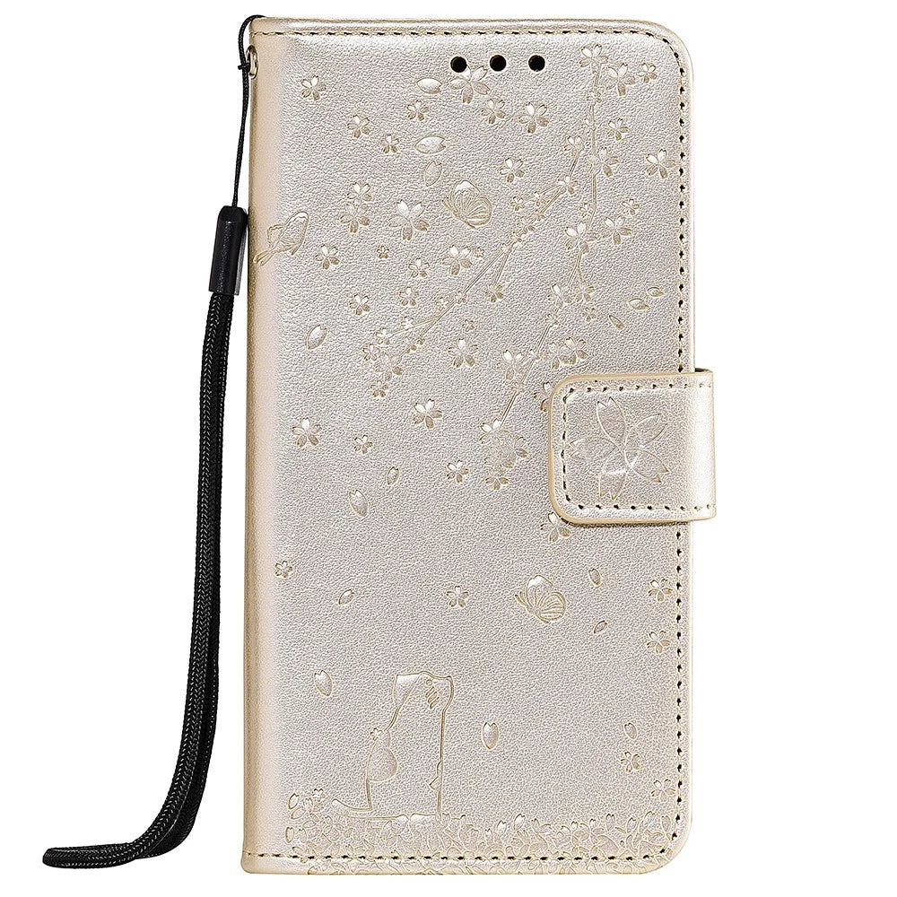 Imprint Sakura Cat Cell Phone Leather Wallet Case for Samsung Galaxy S10e - Gold - 1