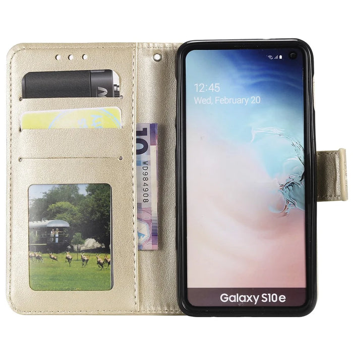 Imprint Sakura Cat Cell Phone Leather Wallet Case for Samsung Galaxy S10e - Gold - 3