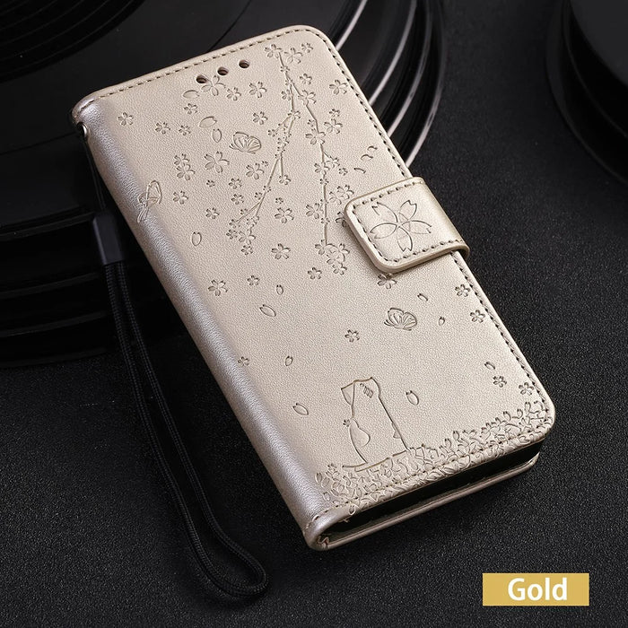 Imprint Sakura Cat Cell Phone Leather Wallet Case for Samsung Galaxy S10e - Gold - 5