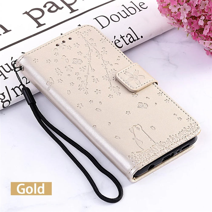 Imprint Sakura Cat Cell Phone Leather Wallet Case for Samsung Galaxy S10e - Gold - 6