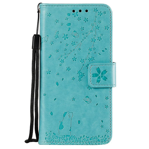 Imprint Sakura Cat Leather Cover for Samsung Galaxy A50 / A30s / A50s - Cyan - 1