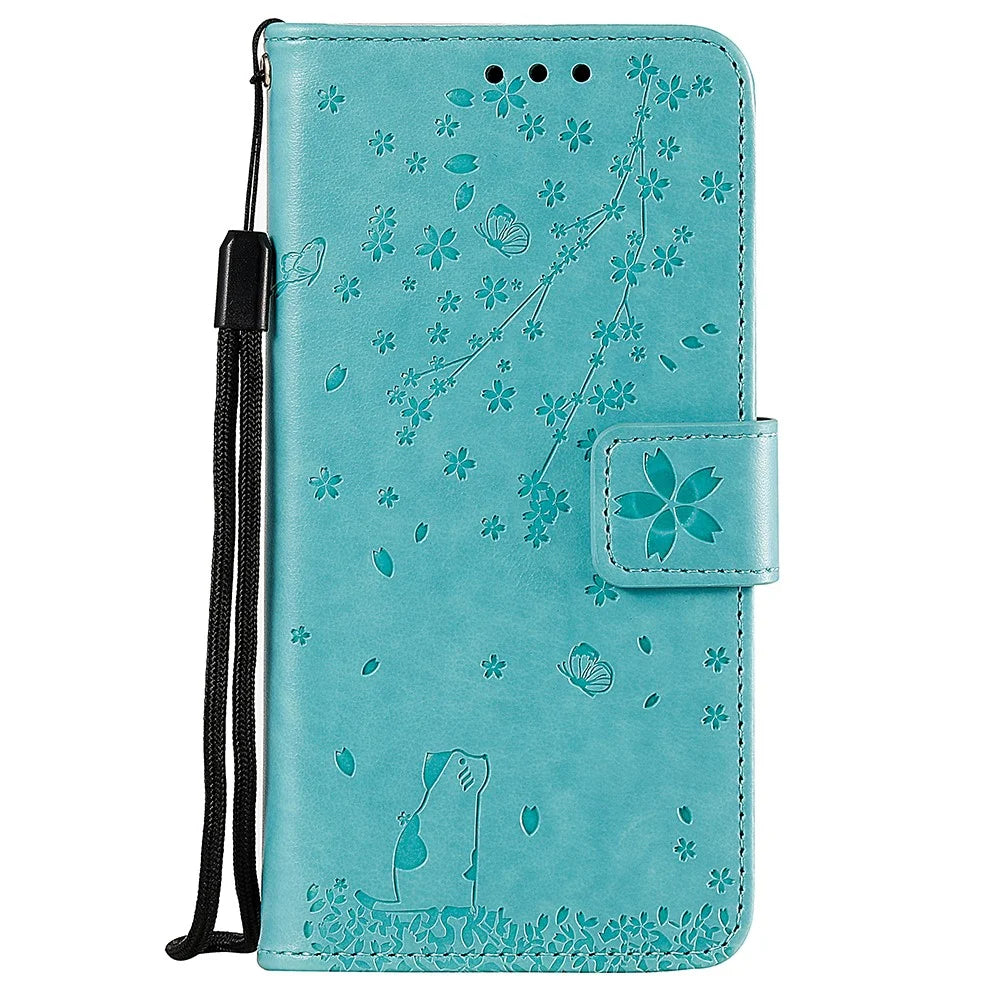 Imprint Sakura Cat Leather Cover for Samsung Galaxy A50 / A30s / A50s - Cyan - 1