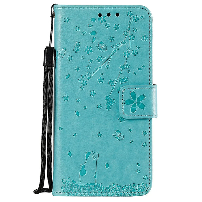 Imprint Sakura Cat Leather Cover for Samsung Galaxy A50 / A30s / A50s - Cyan - 1