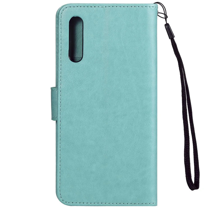 Imprint Sakura Cat Leather Cover for Samsung Galaxy A50 / A30s / A50s - Cyan - 2