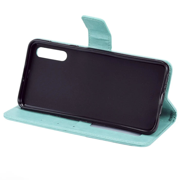 Imprint Sakura Cat Leather Cover for Samsung Galaxy A50 / A30s / A50s - Cyan - 4