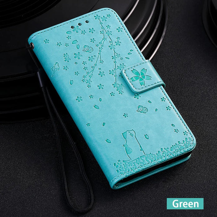 Imprint Sakura Cat Leather Cover for Samsung Galaxy A50 / A30s / A50s - Cyan - 7
