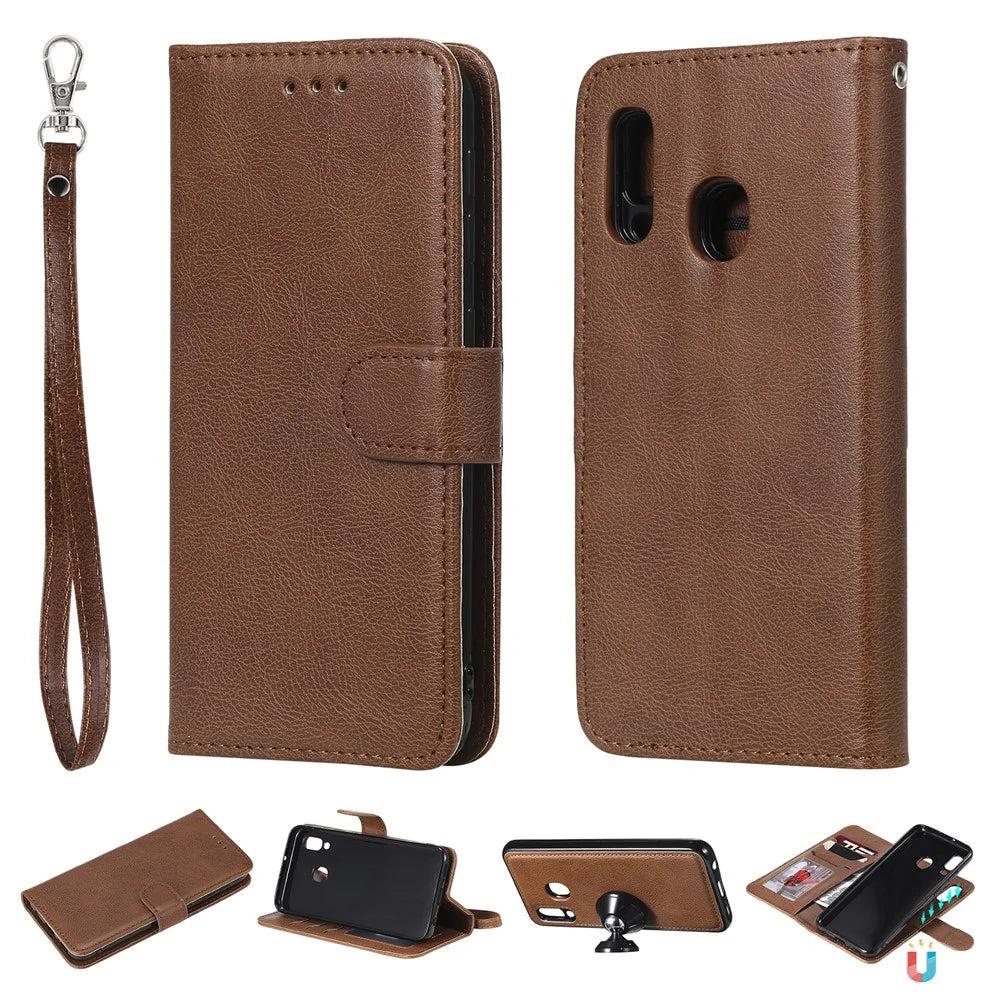 For Samsung Galaxy A20e Case 2 in 1 Detachable Magnetic Leather Wallet Mobile Cover with Strap - Brown - 1