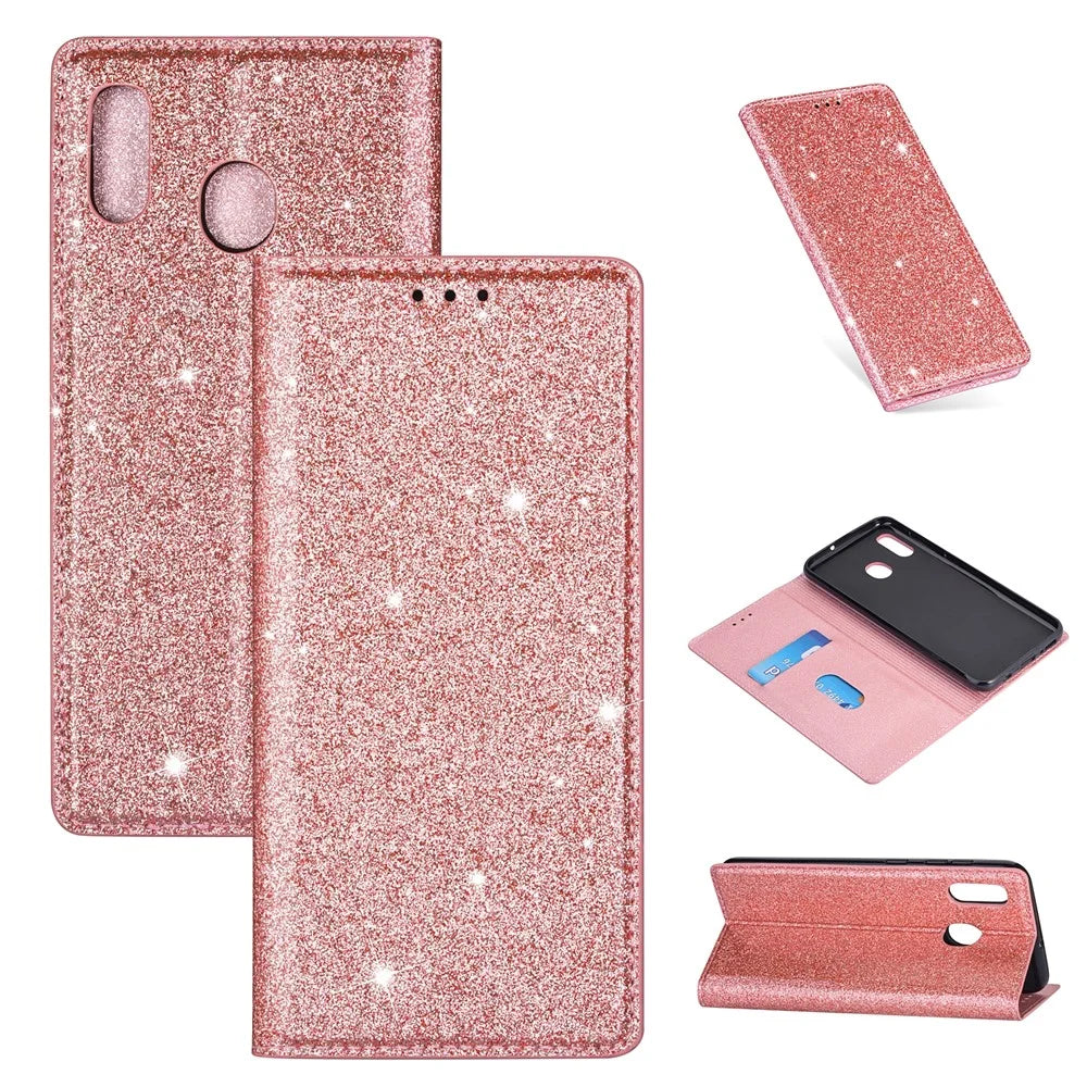Flash Powder Stand Leather Card Holder Case for Samsung Galaxy A20e - Rose Gold - 1