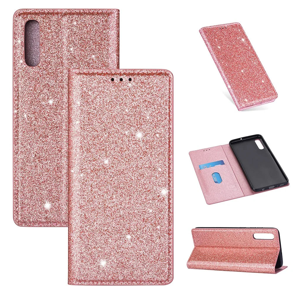 Flash Powder Leather Stand Case with Card Slot for Samsung Galaxy A50 - Rose Gold - 1