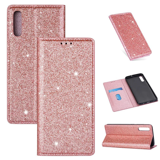 Flash Powder Leather Stand Case with Card Slot for Samsung Galaxy A50 - Rose Gold - 1
