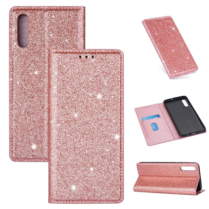 Flash Powder Leather Stand Case with Card Slot for Samsung Galaxy A50 - Rose Gold - 1