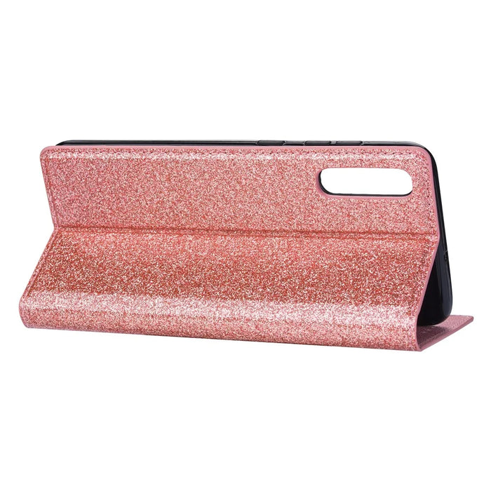 Flash Powder Leather Stand Case with Card Slot for Samsung Galaxy A50 - Rose Gold - 6