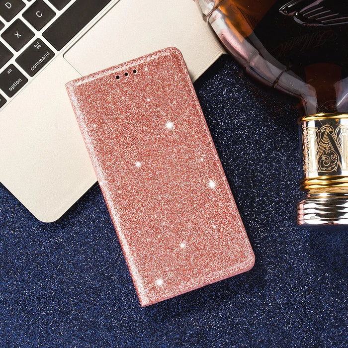 Flash Powder Leather Stand Case with Card Slot for Samsung Galaxy A50 - Rose Gold - 7