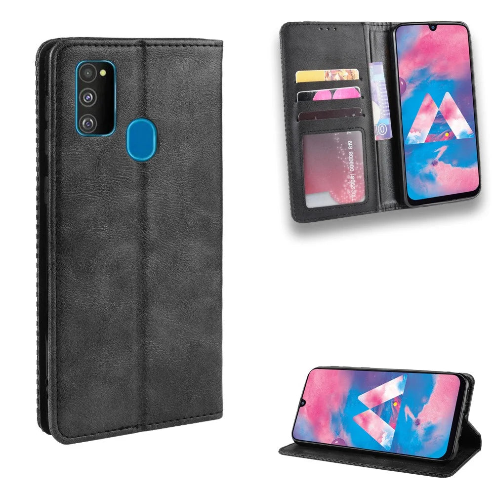 Retro Style Auto-absorbed Leather Casing for Samsung Galaxy M30s / M2 - Black - 1
