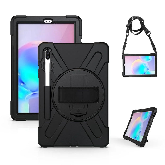 For Samsung Galaxy Tab S6 SM-T860 (Wi-Fi)/T865 (LTE) [X-Shape] PC + TPU Combo Kickstand Case with Hand Strap and Shoulder Strap Cover - Black - 1