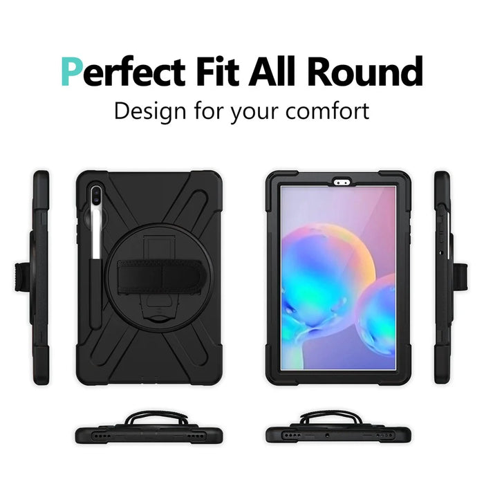 For Samsung Galaxy Tab S6 SM-T860 (Wi-Fi)/T865 (LTE) [X-Shape] PC + TPU Combo Kickstand Case with Hand Strap and Shoulder Strap Cover - Black - 3