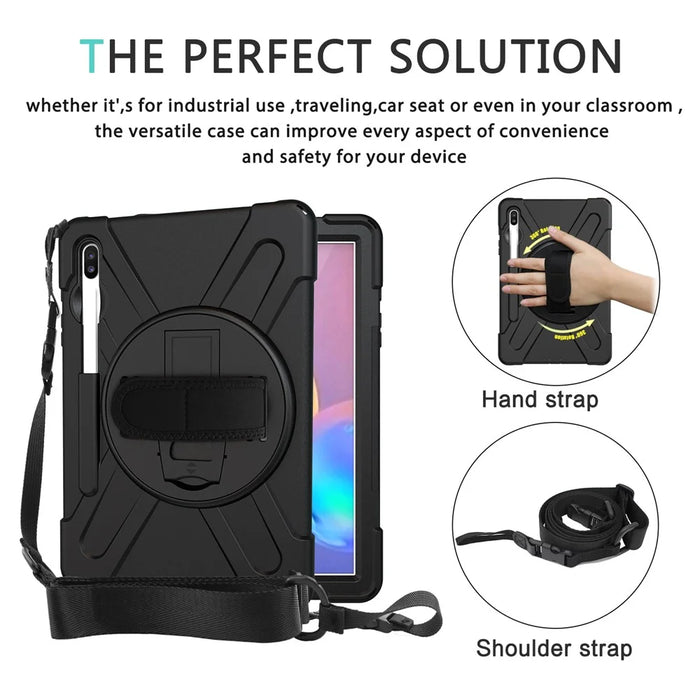 For Samsung Galaxy Tab S6 SM-T860 (Wi-Fi)/T865 (LTE) [X-Shape] PC + TPU Combo Kickstand Case with Hand Strap and Shoulder Strap Cover - Black - 4