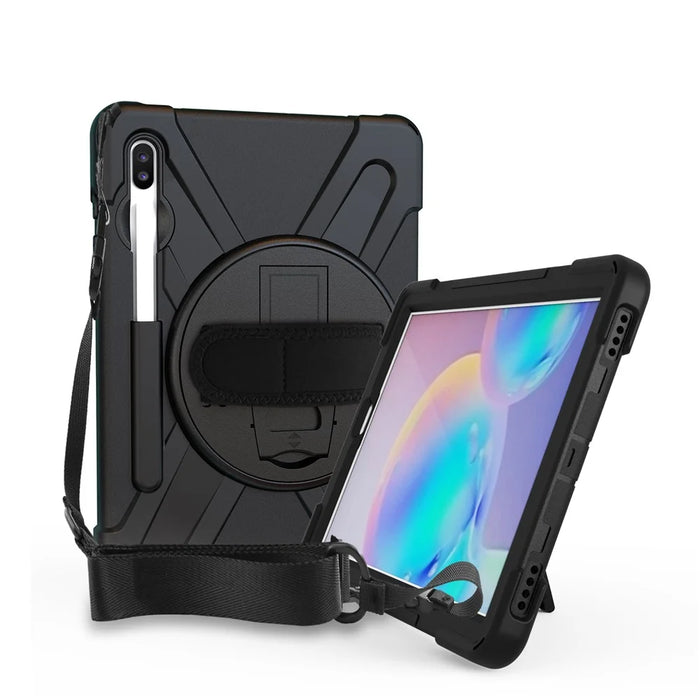 For Samsung Galaxy Tab S6 SM-T860 (Wi-Fi)/T865 (LTE) [X-Shape] PC + TPU Combo Kickstand Case with Hand Strap and Shoulder Strap Cover - Black - 5