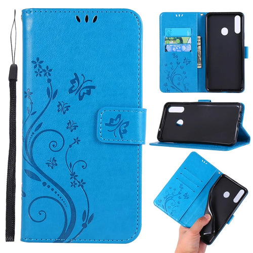Imprint Butterflies Wallet Stand Flip Leather Protective Case for Samsung Galaxy A20s - Dark Blue - 1