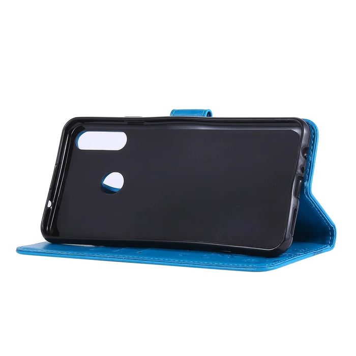 Imprint Butterflies Wallet Stand Flip Leather Protective Case for Samsung Galaxy A20s - Dark Blue - 3