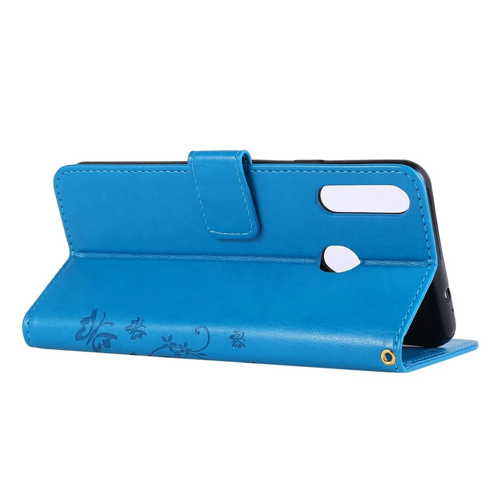 Imprint Butterflies Wallet Stand Flip Leather Protective Case for Samsung Galaxy A20s - Dark Blue - 4