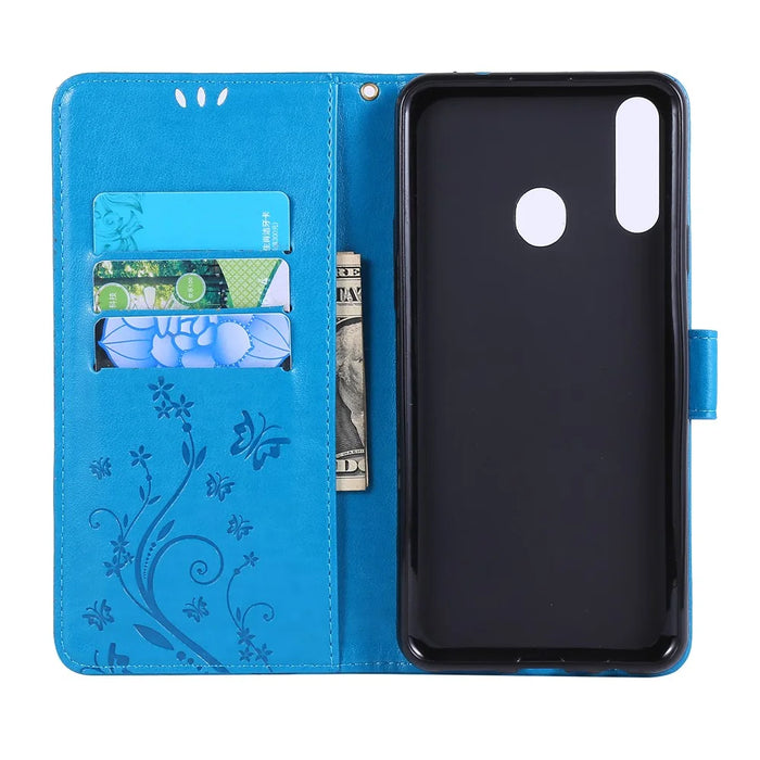 Imprint Butterflies Wallet Stand Flip Leather Protective Case for Samsung Galaxy A20s - Dark Blue - 5