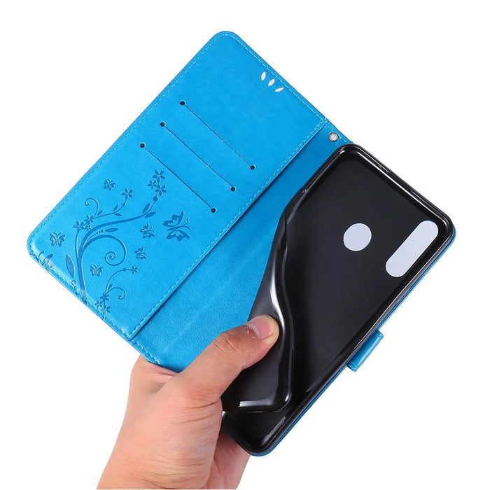 Imprint Butterflies Wallet Stand Flip Leather Protective Case for Samsung Galaxy A20s - Dark Blue - 6
