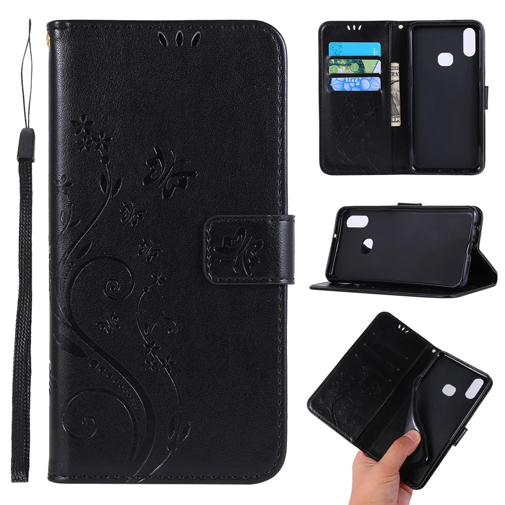Imprint Butterflies Wallet Stand Flip Leather Phone Cover for Samsung Galaxy A10s - Black - 1