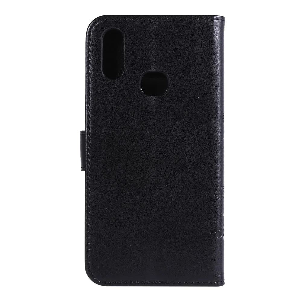Imprint Butterflies Wallet Stand Flip Leather Phone Cover for Samsung Galaxy A10s - Black - 3