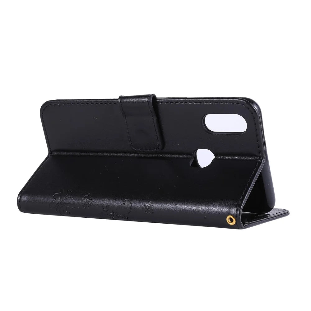 Imprint Butterflies Wallet Stand Flip Leather Phone Cover for Samsung Galaxy A10s - Black - 5