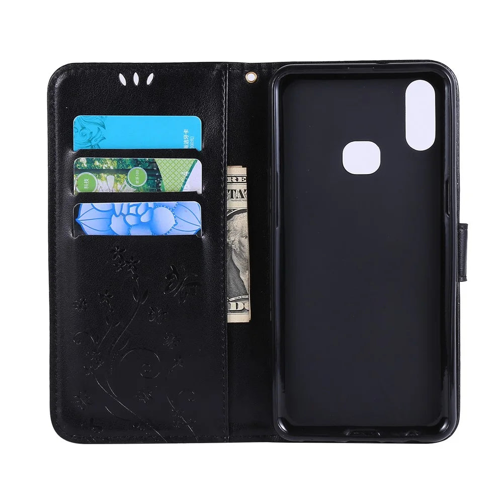Imprint Butterflies Wallet Stand Flip Leather Phone Cover for Samsung Galaxy A10s - Black - 6