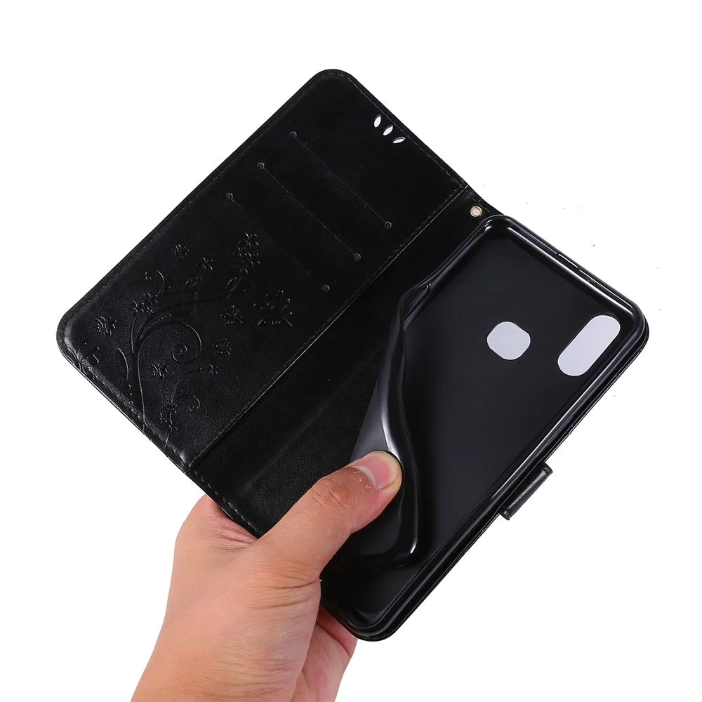 Imprint Butterflies Wallet Stand Flip Leather Phone Cover for Samsung Galaxy A10s - Black - 7