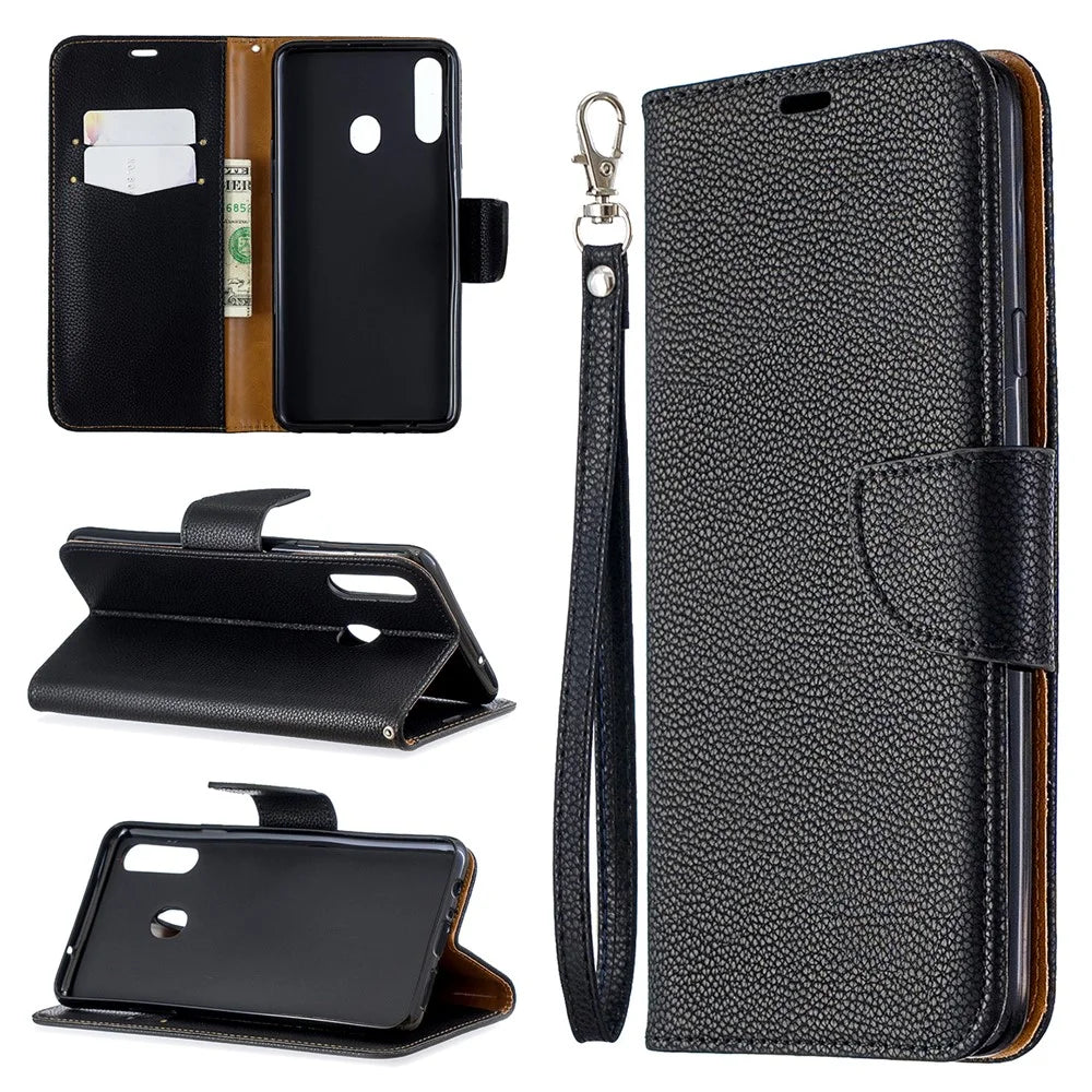 Litchi Skin Stand Leather Wallet Case for Samsung Galaxy A20s - Black - 1