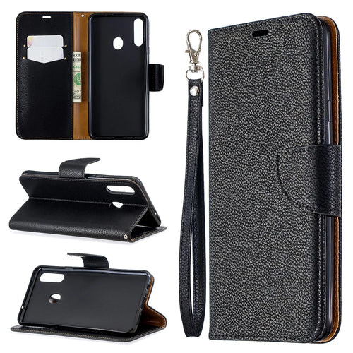 Litchi Skin Stand Leather Wallet Case for Samsung Galaxy A20s - Black - 1