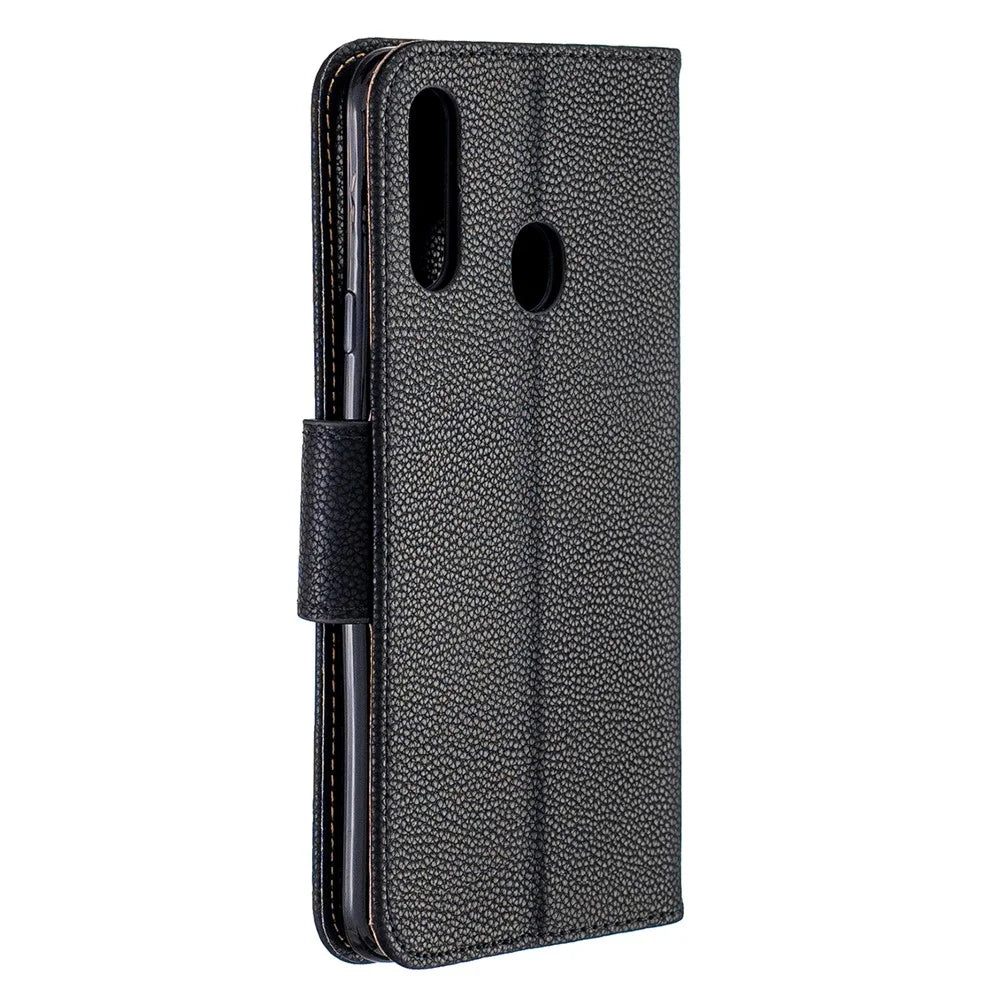 Litchi Skin Stand Leather Wallet Case for Samsung Galaxy A20s - Black - 3