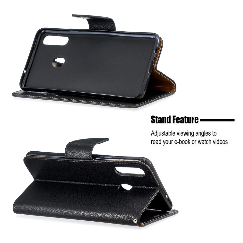 Litchi Skin Stand Leather Wallet Case for Samsung Galaxy A20s - Black - 5