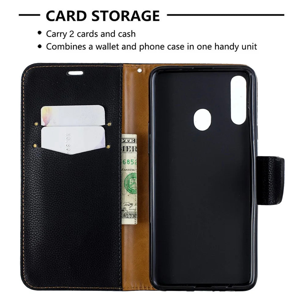 Litchi Skin Stand Leather Wallet Case for Samsung Galaxy A20s - Black - 6
