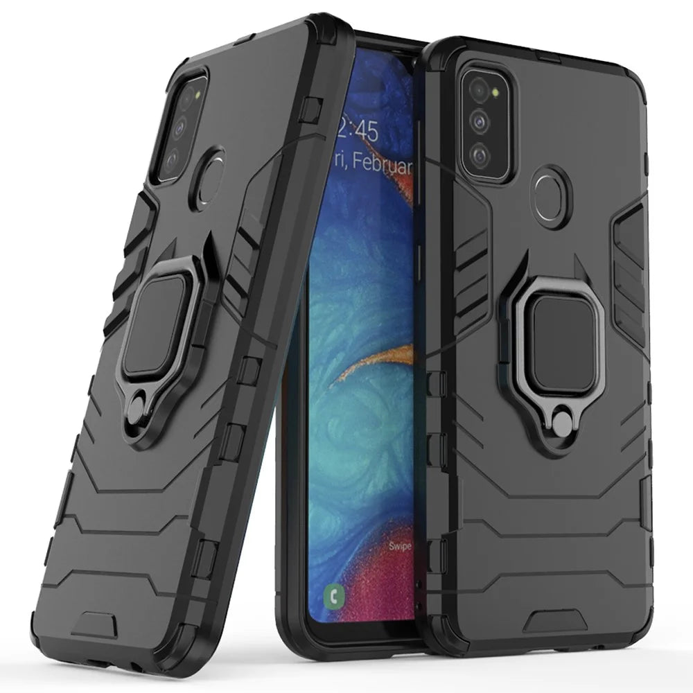 Cool Guard Ring Holder Kickstand PC TPU Hybrid Case for Samsung Galaxy M30s/M21 - Black - 1