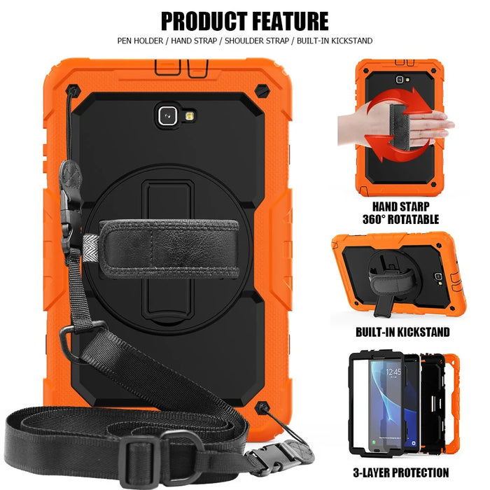 Handy Strap PC Silicone Kickstand Case with Shoulder Strap + Screen Protector for Samsung Galaxy Tab A 10.1 (2016) T580 - Orange/Black - 2