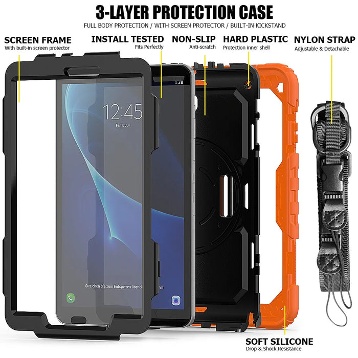 Handy Strap PC Silicone Kickstand Case with Shoulder Strap + Screen Protector for Samsung Galaxy Tab A 10.1 (2016) T580 - Orange/Black - 3