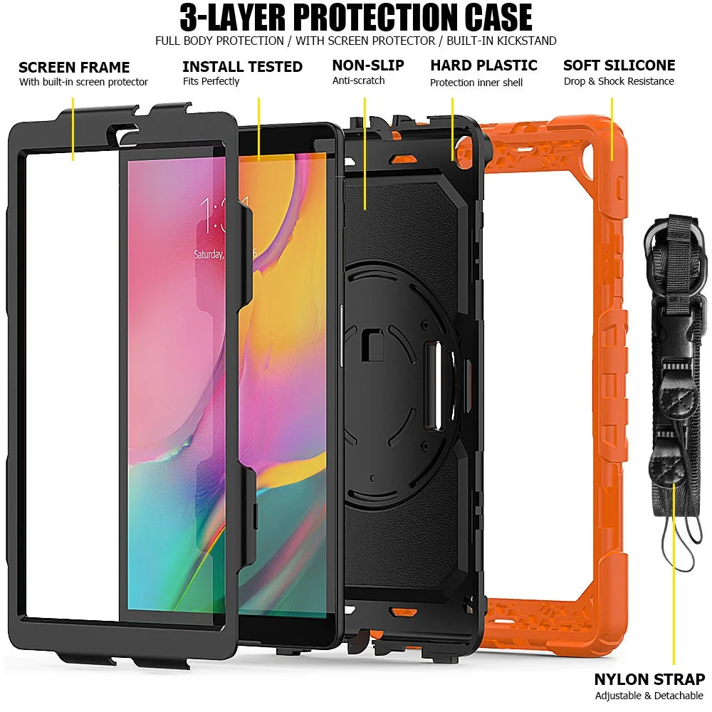PC Silicone Kickstand Case with Strap Screen Protector for Samsung Galaxy Tab A 10.1 (2019) SM-T510/T515 - Orange/Black - 3