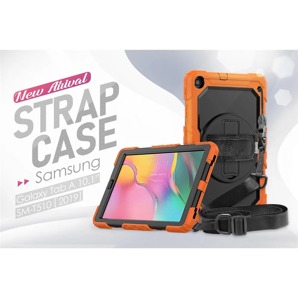 PC Silicone Kickstand Case with Strap Screen Protector for Samsung Galaxy Tab A 10.1 (2019) SM-T510/T515 - Orange/Black - 7