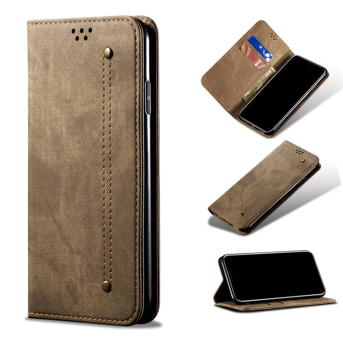 Jeans Cloth Texture Retro Style Flip Leather Case for Samsung Galaxy A50/A50s/A30s - Khaki - 1