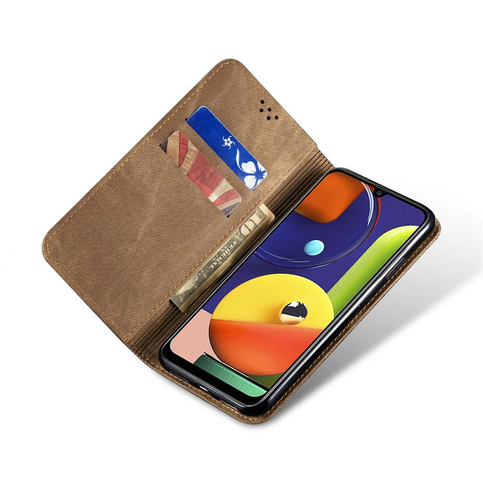 Jeans Cloth Texture Retro Style Flip Leather Case for Samsung Galaxy A50/A50s/A30s - Khaki - 5