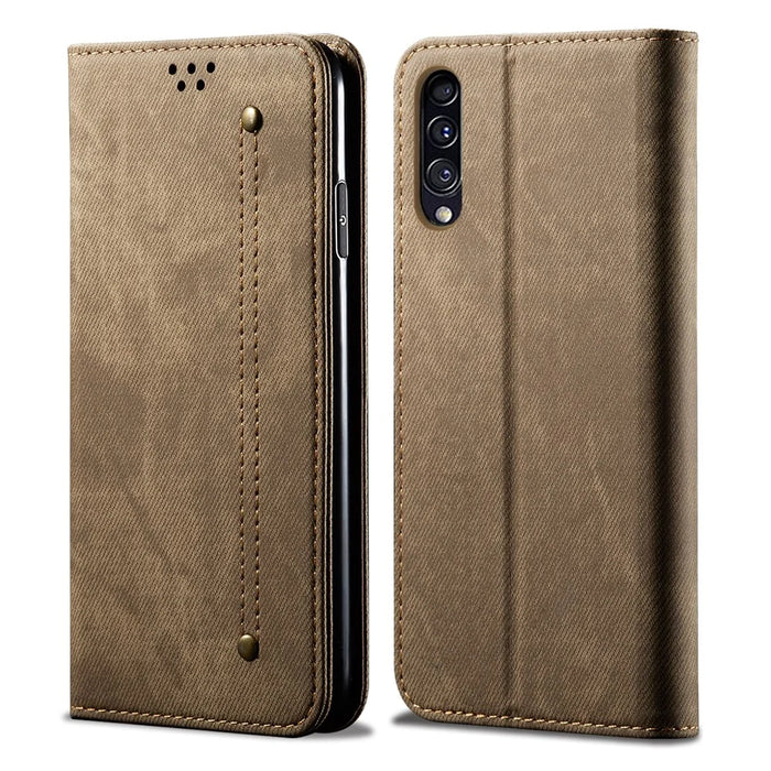 Jeans Cloth Texture Retro Style Flip Leather Case for Samsung Galaxy A50/A50s/A30s - Khaki - 7